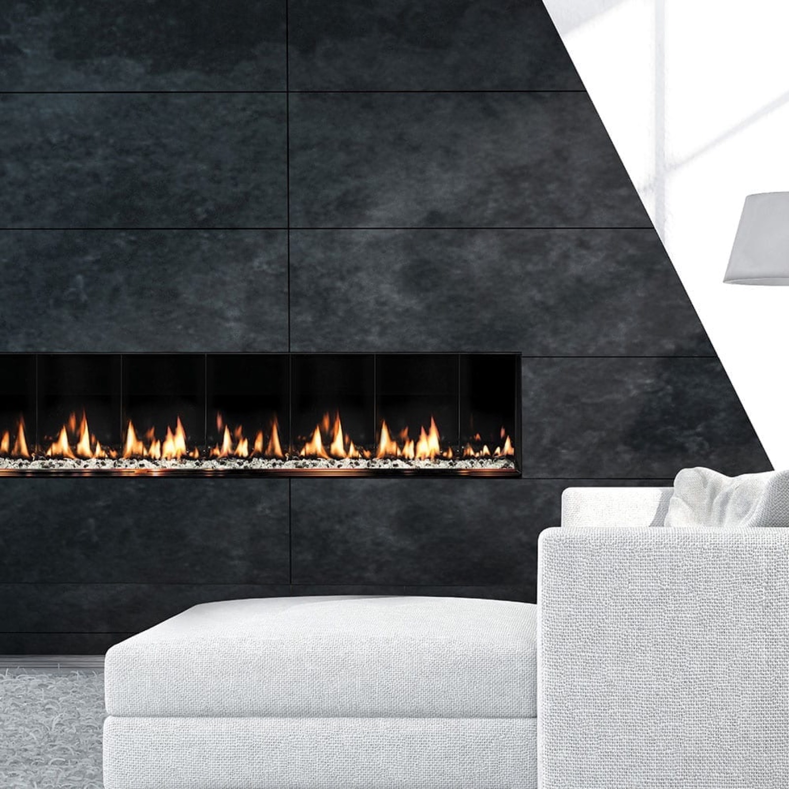 Contemporary linear gas fireplace in a modern living room